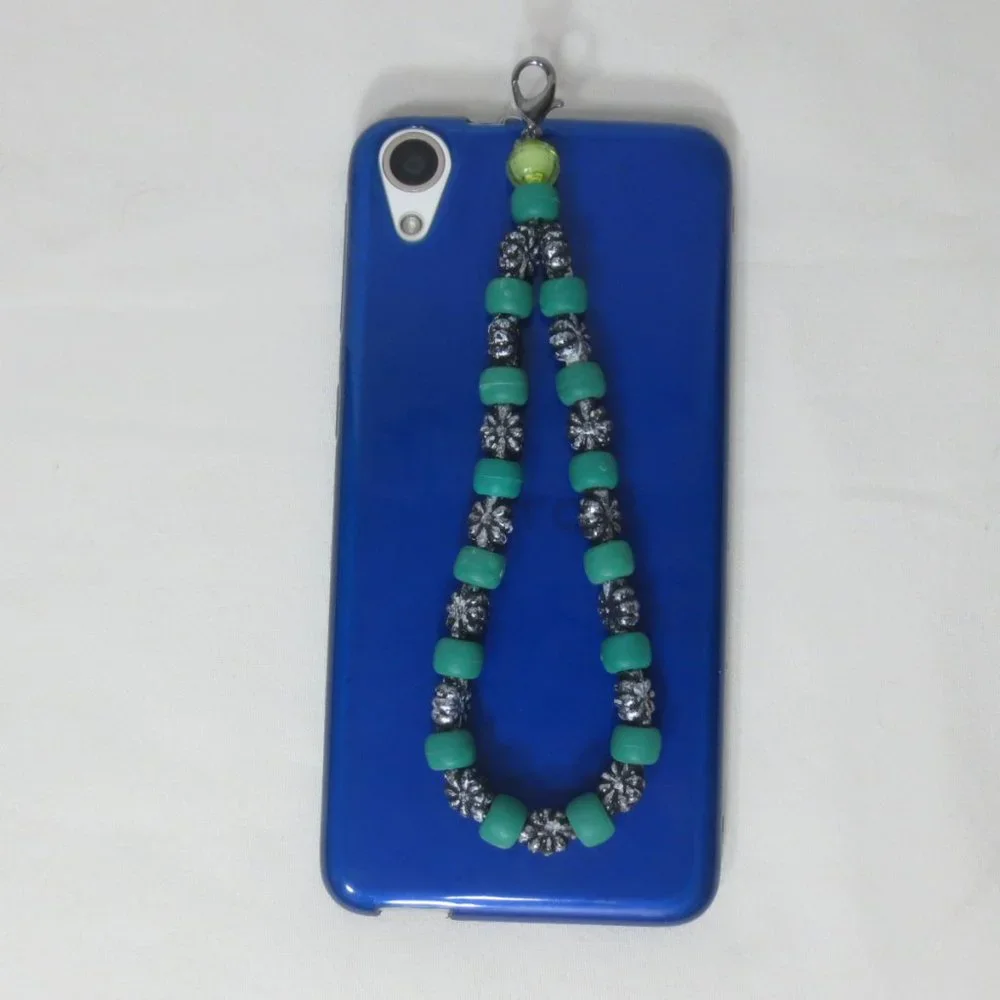 Handmade Stretch Bracelet Green and Silver Beaded Phone Charm Accessory Lanyard